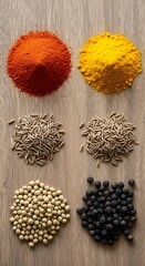 Variety of vibrant spices on a wooden background top view