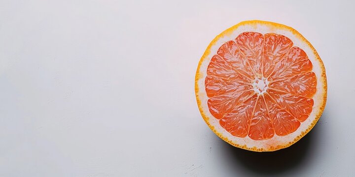 A vibrant half grapefruit is sliced in half, revealing its juicy segments and bright flesh against a stark white surface. The lighting is dramatic, casting a strong shadow to the left of the fruit