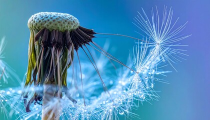 Close-up of a delicate dandelion seed head, adorned with glistening water droplets against a soft blue-purple background. Capturing nature's intricate details and ephemeral beauty