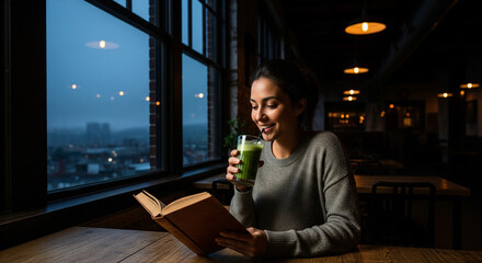 Smiling woman enjoys green juice and book by cafe window on a cozy evening