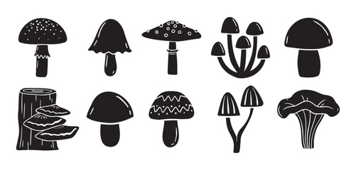 mushrooms silhouette monochrome with patterns illustration set. Trendy mushroom creative fabulous mystic folklore collection