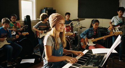 Smiling young girl plays keyboard with diverse friends in a music band practice
