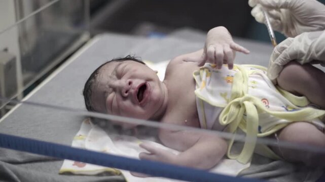 newborn baby crying during vaccination in a hospital nursery. A medical worker wearing gloves gently administers an injection, capturing an emotional and authentic healthcare moment with real audio.