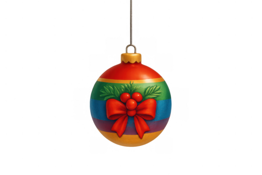 Striped christmas ornament with a red bow, green holly, and red berries, isolated on a transparent background