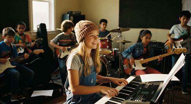 Smiling young girl plays keyboard with diverse friends in a music band practice