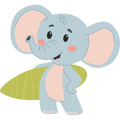 Cute cartoon baby elephant with surfboard on white background graphic illustration