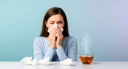 Woman with runny nose holding tissue soft pastel light.
