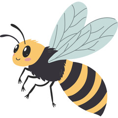 Cute Cartoon Bee with Yellow and Black Stripes and Translucent Wings Flying Mid-Air with Pink Cheeks and Big Eyes