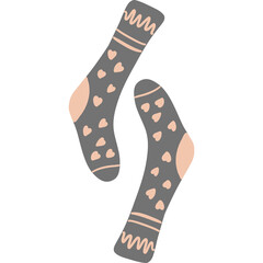 Cozy Grey Socks with Pink Heart Pattern and Zigzag Cuffs on Transparent Background