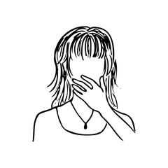 Sketch of a faceless woman with her hand pressed to her lower face. Surprised, touching, sensitive - hand drawn doodle in a realistic style