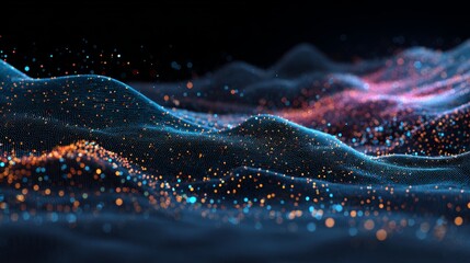 3D render, abstract background with colorful glowing dots on a dark blue wave landscape