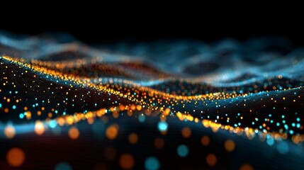 3D render, abstract background with colorful glowing dots on a dark blue wave landscape