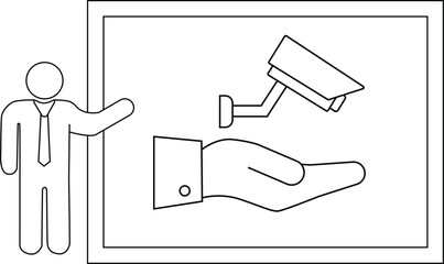 A person gesturing towards a framed picture of a hand holding a CCTV camera