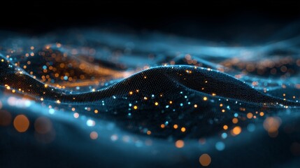 3D render, abstract background with colorful glowing dots on a dark blue wave landscape