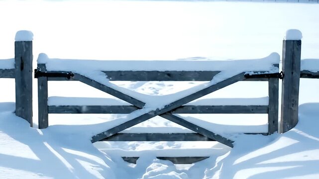 Beautiful winter scene featuring a rustic wooden gate blanketed in deep fresh snow capturing the serene tranquility of a cold snowy landscape and rural peaceful