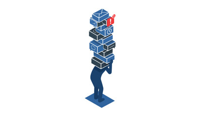 Information Overload Stress and Digital Fatigue: Isometric Conceptual Illustration of a Person Buried by Notification Icons