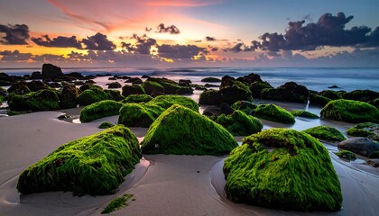 Moss-covered rocks under the sunset sky on a sandy beach by the ocean coastline