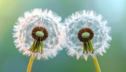 A macro photograph of two delicate white dandelion seed heads standing together against a soft, blurred green nature background