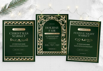 Elegant Christmas Flyer Template in Green & Gold Hues, Classic Traditional Festive Border Frame Vector