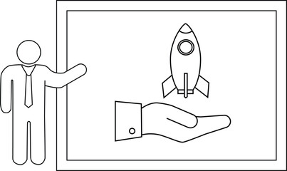 A stickfigure presents a hand holding a rocket on a whiteboard