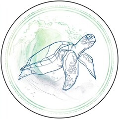 Naklejka premium Artistic sea turtle illustration in a circular frame with watercolor elements