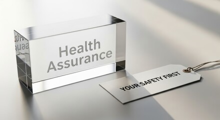 Clear glass block with health assurance inscription