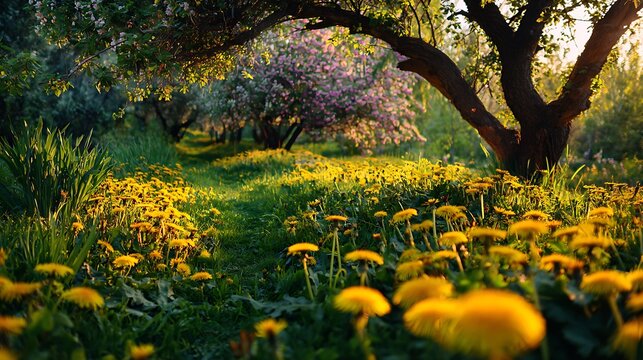 Dandelion field blossoms under trees in golden light of spring at sunset