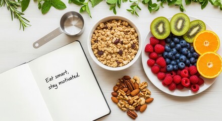 Healthy Breakfast Meal Arrangement with Granola Fruits and Nuts