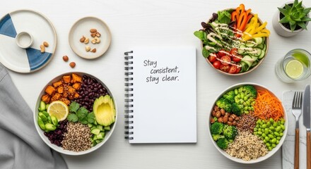 Healthy Food Bowls Surrounding a Notebook with a Positive Message