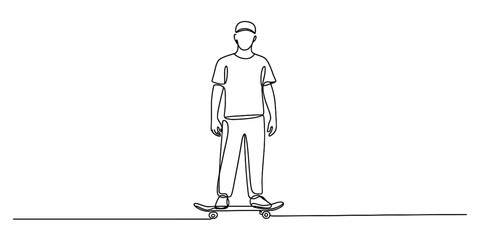 Continuous one line drawing skateboarder standing on skateboard
