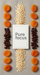 Healthy food arrangement of dried apricots raisins and oats with a central focus