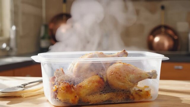 Hot roasted chicken steaming inside a clear plastic food storage container on a wooden kitchen counter.