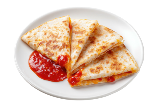 Quesadilla slices with red sauce on a white plate
