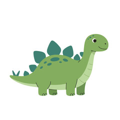 A cute cartoon green Stegosaurus dinosaur with plates on its back, standing and smiling.