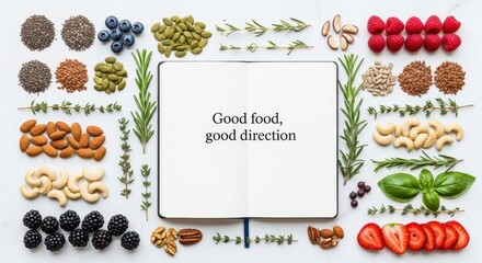 Open Notebook Surrounded by Healthy Food Ingredients and Text