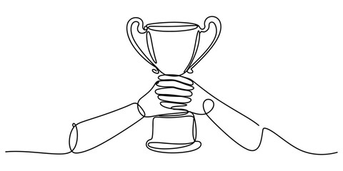 Continuous one line drawing of hands holding a trophy