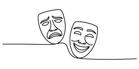 Continuous one line drawing theater masks representing sadness and happiness