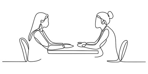 Continuous one line drawing two people sitting at a table  style