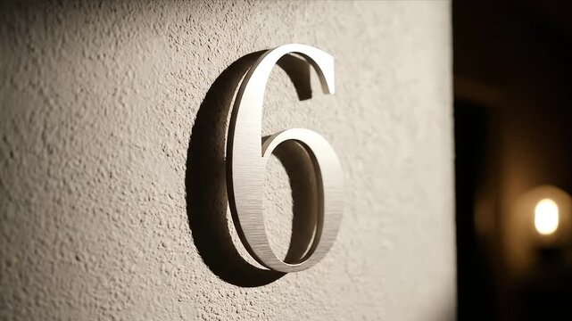 Modern brushed metal number six signage on a textured beige wall with subtle light and shadow play Elegant architectural detail for building address