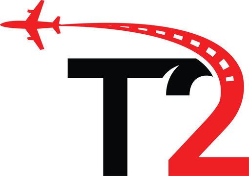 Abstract letter T2 with plane and airline logo vector design