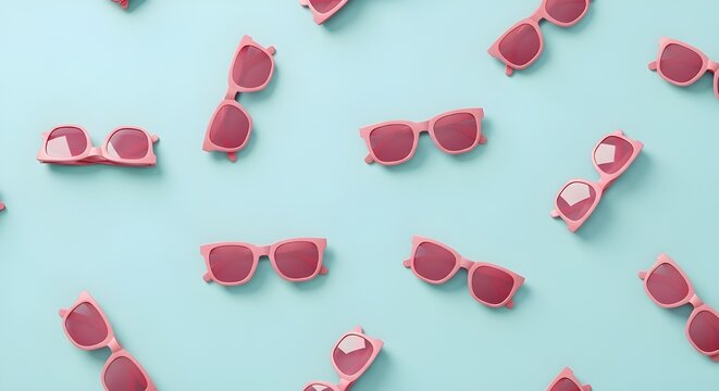 A playful pattern of vibrant pink wayfarer sunglasses scattered across a cool blue backdrop—perfect for evoking sunny vibes, retro fashion, and seasonal fun.