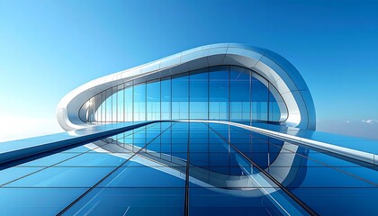Modern glass and steel building facade with blue sky reflection