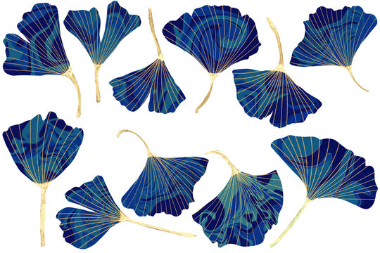 Collection of stylized ginkgo biloba leaves in rich blue hues with intricate gold line patterns, ideal for botanical or decorative designs