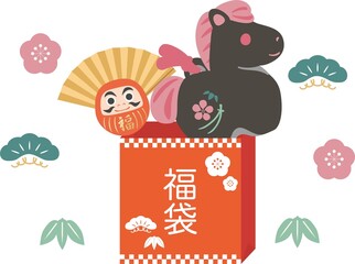 年賀2026　午年　年賀状　新春セール素材　福袋と縁起物（馬の土鈴と達磨）　和風イラスト素材