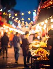 Vibrant Night Market Food Stalls with Bokeh Lights