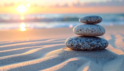Smooth pebbles balanced on sandy surface at sunset