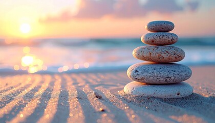 Balanced stack of smooth stones on fine sand under warm sunset light