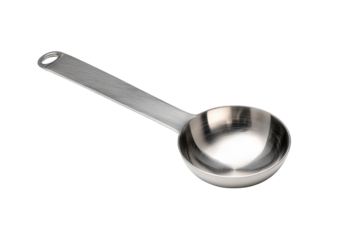 Metal scoop, reflective bowl, elongated handle, black backdrop