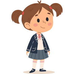 Cute Cartoon Girl Wearing School Uniform with Pigtails and Smiling Standing on Transparent Background