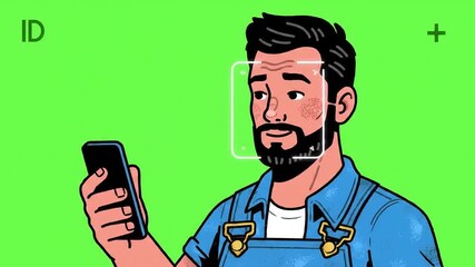 A man with a beard uses a smartphone for facial recognition or ID verification with a green background and digital elements for secure authentication and mobile technology. - Powered by Adobe